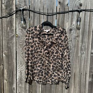 Rebecca Taylor Black Brown Leopard Print Sheer Blouse with Ruffles B Neck size 4